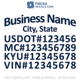 arched business name with city, usdot mc kyu vin number vinyl lettering decal