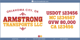 Company Name, Truck Door Decal, Location, USDOT, MC, GVW, CA