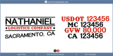 Company Name, Truck Door Decal, Location, USDOT, MC, GVW, CA