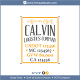 Company Name, Truck Door Decal, Location, USDOT, MC, GVW, CA
