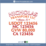 Truck Door Decal, Company Name, Location, USDOT, MC, GVW, CA