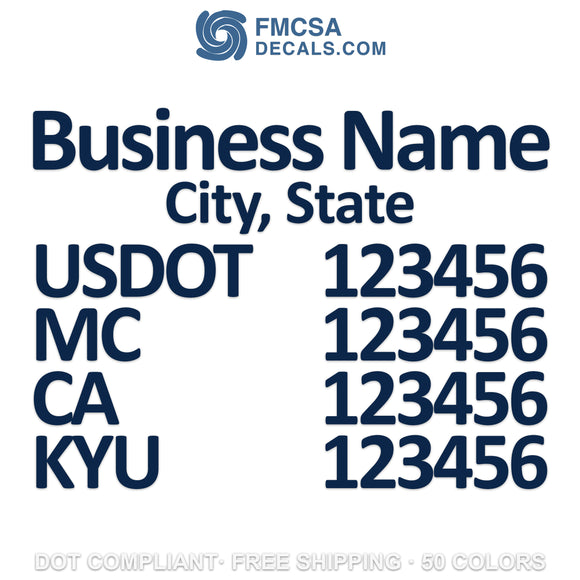 business name, city, usdot, mc, ca & kyu decal sticker