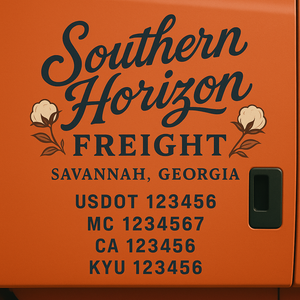 Custom Designed Truck Door Decal With Company or Trucking Name, Location, USDOT, MC, CA, KYU or GVW Sticker Sign For Compliance (2-Pack)
