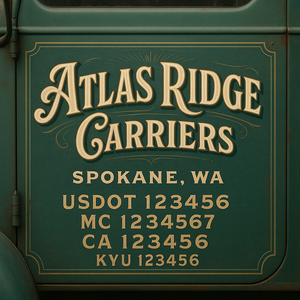 Custom Designed Truck Door Decal With Company or Trucking Name, Location, USDOT, MC, CA, KYU or GVW Sticker Sign For Compliance (2-Pack)