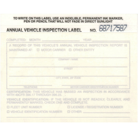 White 2-Ply FMCSA Annual Vehicle Inspection Label Decal Sticker