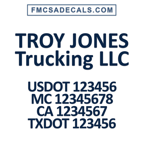Company Name Truck Decal with regulation number usdot, mc, gvw
