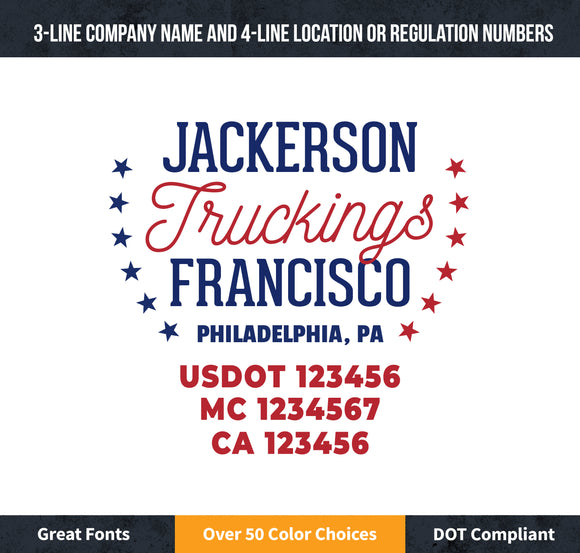 transport company door decal with usdot lettering