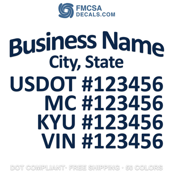 arched business name with city, usdot mc kyu vin number decal