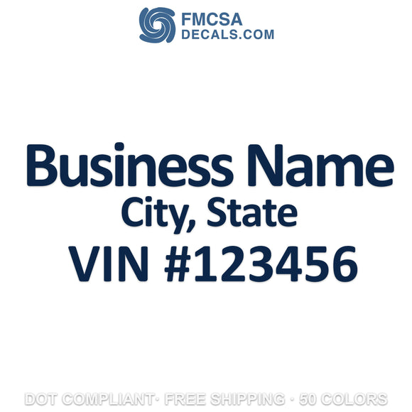 business name, location & vin number decal sticker