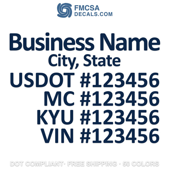 business name, city, usdot mc kyu vin number decal sticker