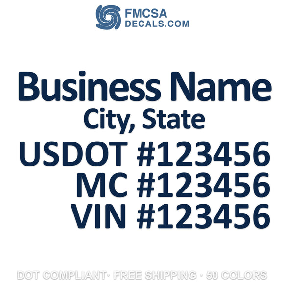 business name, city, usdot mc vin number decal sticker
