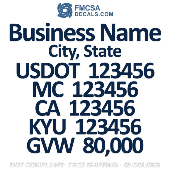 business name with city, usdot mc ca kyu gvw decal sticker