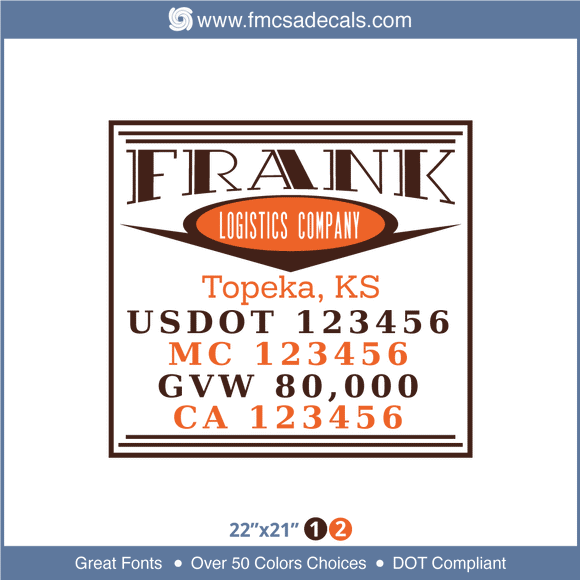 Company Name, Truck Door Decal, Location, USDOT, MC, GVW, CA