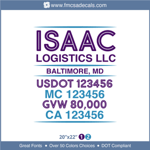 Company Name, Truck Door Decal, Location, USDOT, MC, GVW, CA