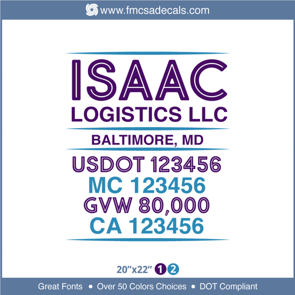 Company Name, Truck Door Decal, Location, USDOT, MC, GVW, CA