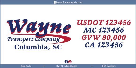 Company Name, Truck Door Decal, Location, USDOT, MC, GVW, CA
