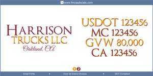 Company Name, Truck Door Decal, Location, USDOT, MC, GVW, CA