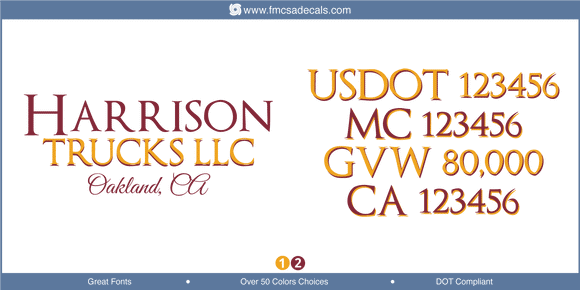 Company Name, Truck Door Decal, Location, USDOT, MC, GVW, CA
