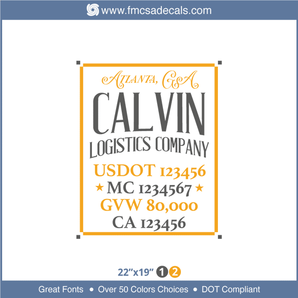 Company Name, Truck Door Decal, Location, USDOT, MC, GVW, CA