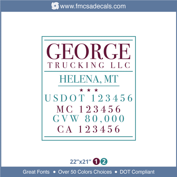 Company Name, Truck Door Decal, Location, USDOT, MC, GVW, CA