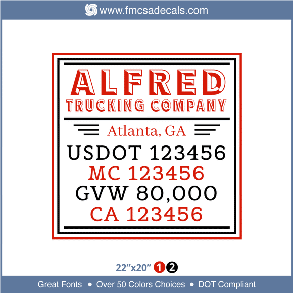 Company Name, Truck Door Decal, Location, USDOT, MC, GVW, CA