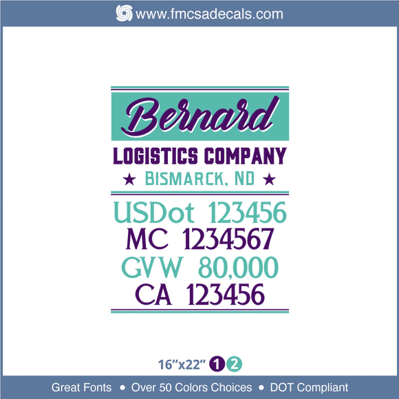 Company Name, Truck Door Decal, Location, USDOT, MC, GVW, CA