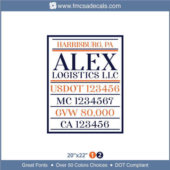 Company Name, Truck Door Decal, Location, USDOT, MC, GVW, CA