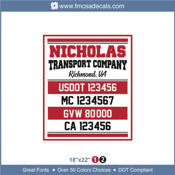 Company Name, Truck Door Decal, Location, USDOT, MC, GVW, CA