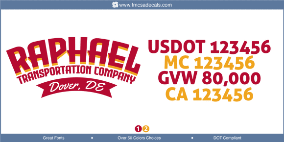 Company Name, Truck Door Decal, Location, USDOT, MC, GVW, CA