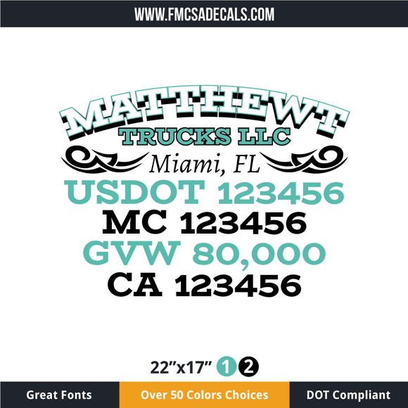 Truck Door Decal, Company Name, Location, USDOT, MC, GVW, CA