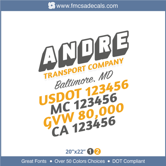Company Name, Truck Door Decal, Location, USDOT, MC, GVW, CA