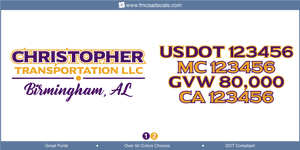 Truck Door Decal, Company Name, Location, USDOT, MC, GVW, CA