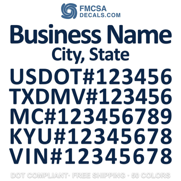 business name, city, usdot, txdmv, mc kyu vin number decal sticker