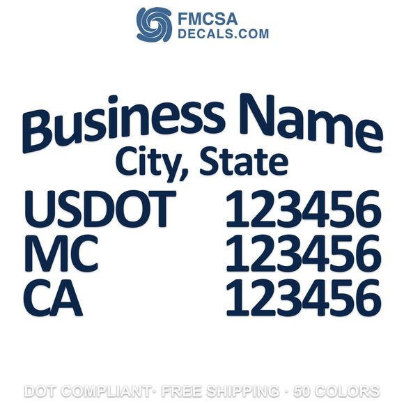 arched business name, location, usdot, mc & ca decal sticker