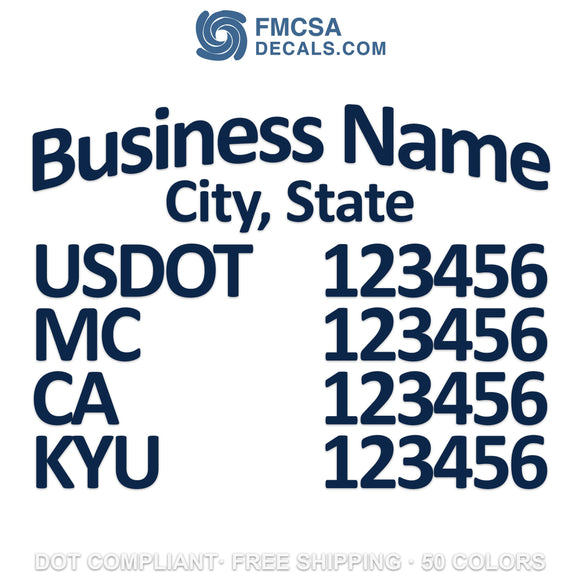 arched business name, location, usdot, mc, ca & kyu decal sticker