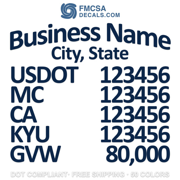 arched business name, location, usdot, mc, ca, kyu & gvw decal sticker