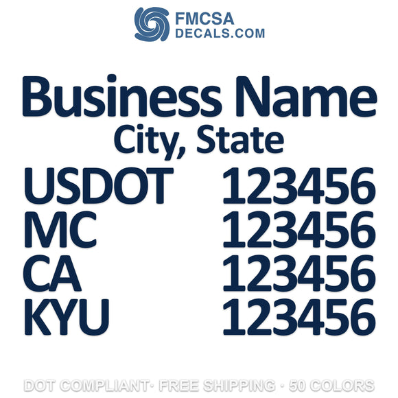 business name, location, usdot, mc, ca & kyu decal sticker