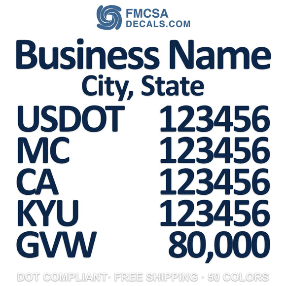 business name, location, usdot, mc, ca, kyu & gvw decal sticker