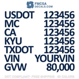 usdot, mc, ca, kyu, txdot, vin & gvw decal sticker